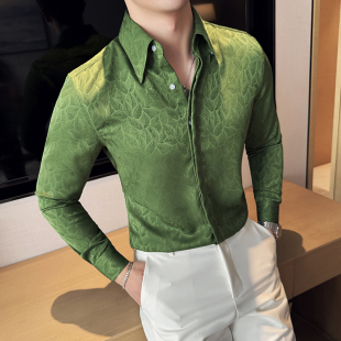 夏季薄款树叶花纹衬衫男潮流帅气青年高级感长袖衬衣男士个性休闲