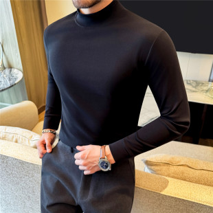 白色T恤修身 长袖 内搭紧身衣 男士 高级感半高领纯黑色棉中领打底衫
