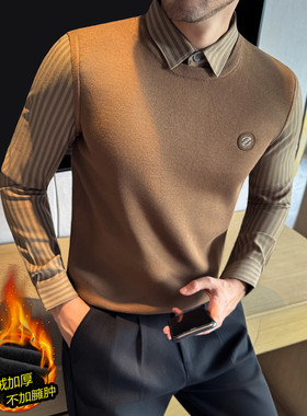 冬季假两件毛衣男士加厚保暖加绒针织衫商务秋冬内搭打底男装上衣