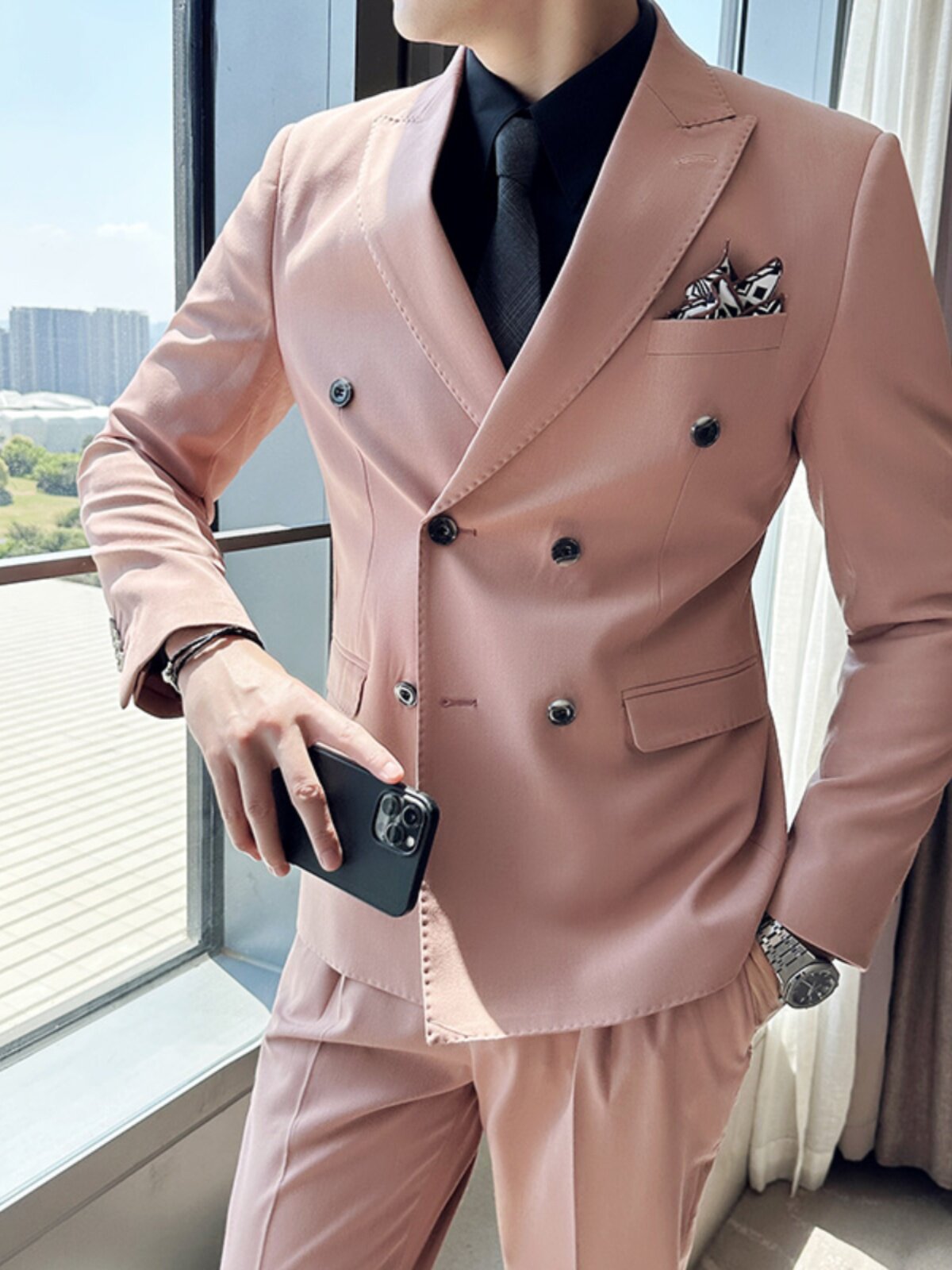PINK SUIT MENS KOREAN VERSION SLIM DOUBLE-BREASTED SUIT THREE-PIECE HANDSOME GROOM WEDDING DRESS JACKET