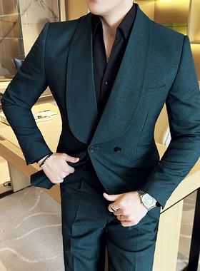 2025新款潮流高级感休闲男士西装两件套春秋季修身青果领西服套装