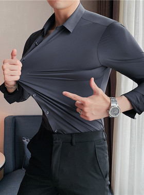 高弹力长袖衬衫健身白色垂感抗皱免烫商务修身灰色加绒无痕衬衣男