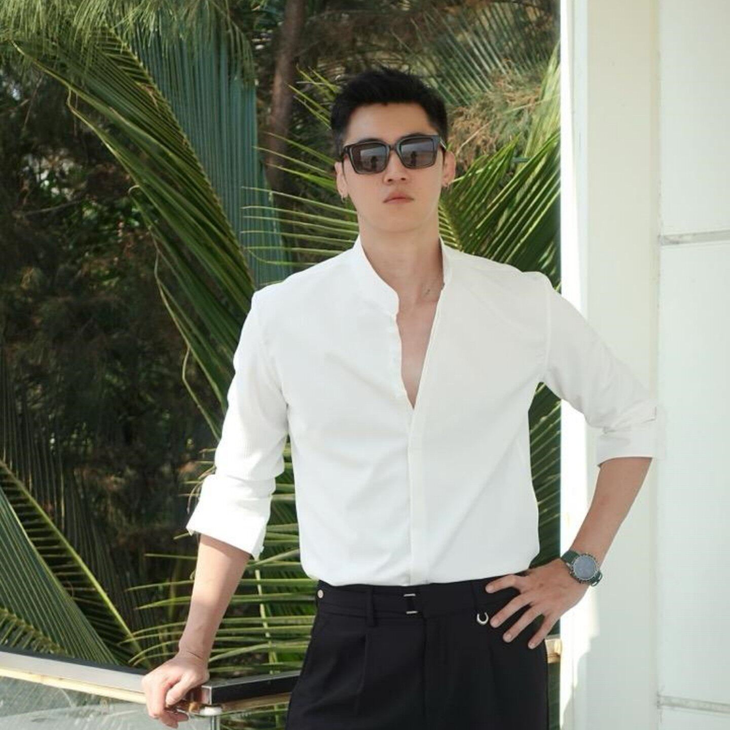 高品质新中式长袖衬衫男华夫格暗扣白色立领商务衬衣国风中袖寸衫