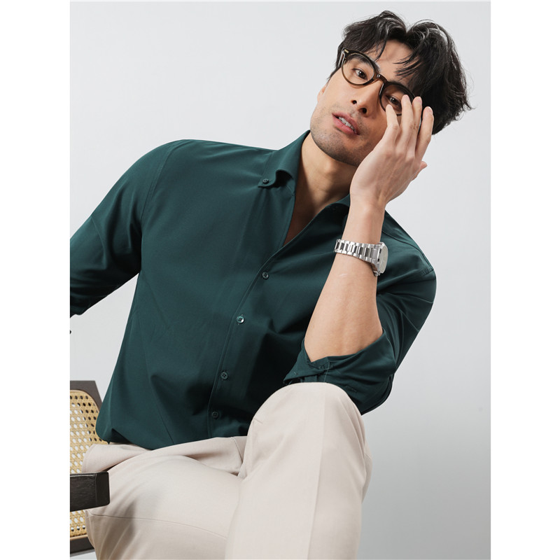 纯色衬衫男士长袖2025新款夏季V领男装冰丝垂感春秋季大领衬衣潮