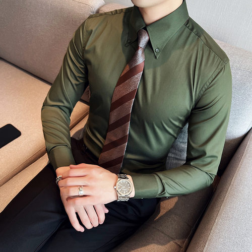 意式大领子西装衬衫男士长袖潮流修身帅气绅士休闲商务衬衣男正装
