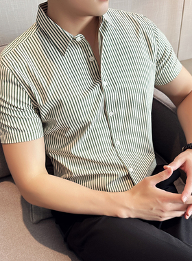 高端衬衫男士短袖2025年新款夏季冰丝寸衫男装高级感条纹衬衣男款