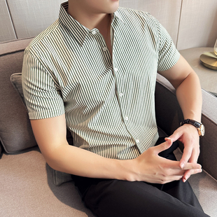 高端衬衫男士短袖2025年新款夏季冰丝寸衫男装高级感条纹衬衣男款