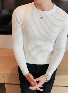 秋冬季男士白色毛衣修身打底衫长袖青年简单款休闲圆领针织衫黑色