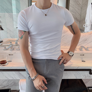 潮 白色弹力t恤修身 百搭黑色紧身打底衫 T恤男韩版 网红短袖 英伦夏季