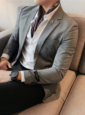 春秋西服男士韩版修身休闲商务格子帅气小西装外套单西上衣帅气潮