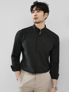 长袖 男商务休闲纯色弹力免烫圆领中山装 衬衣 立领衬衫 高级感新中式