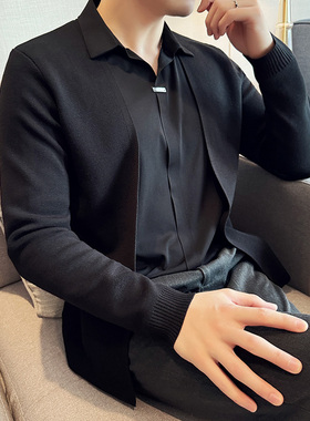 男士2025春秋季高级感假两件针织开衫无痕衬衫领外套男黑色毛衣潮