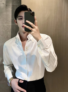 英伦雅痞法式白色衬衫男那不勒斯垂感褶皱设计感上衣条纹长袖衬衣