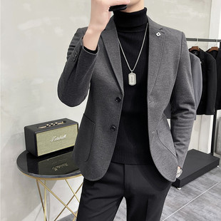 高级感西服男士秋冬新款加厚商务休闲小西装外套华夫格修身单西潮