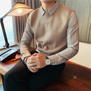 毛衣秋冬季 领时尚 韩版 潮流刺绣显瘦 男士 加绒条纹针织衫 假两件衬衫