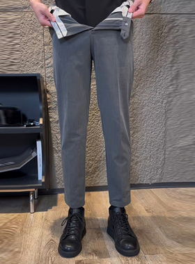 成熟稳重男装深灰色直筒西裤高端商务修身免熨烫九分裤松紧腰长裤