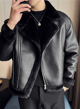 皮毛一体短款外套男士冬季加绒加厚机车复古翻领宽松休闲黑色皮衣