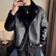 加绒加厚机车复古翻领宽松休闲黑色皮衣 冬季 皮毛一体短款 外套男士