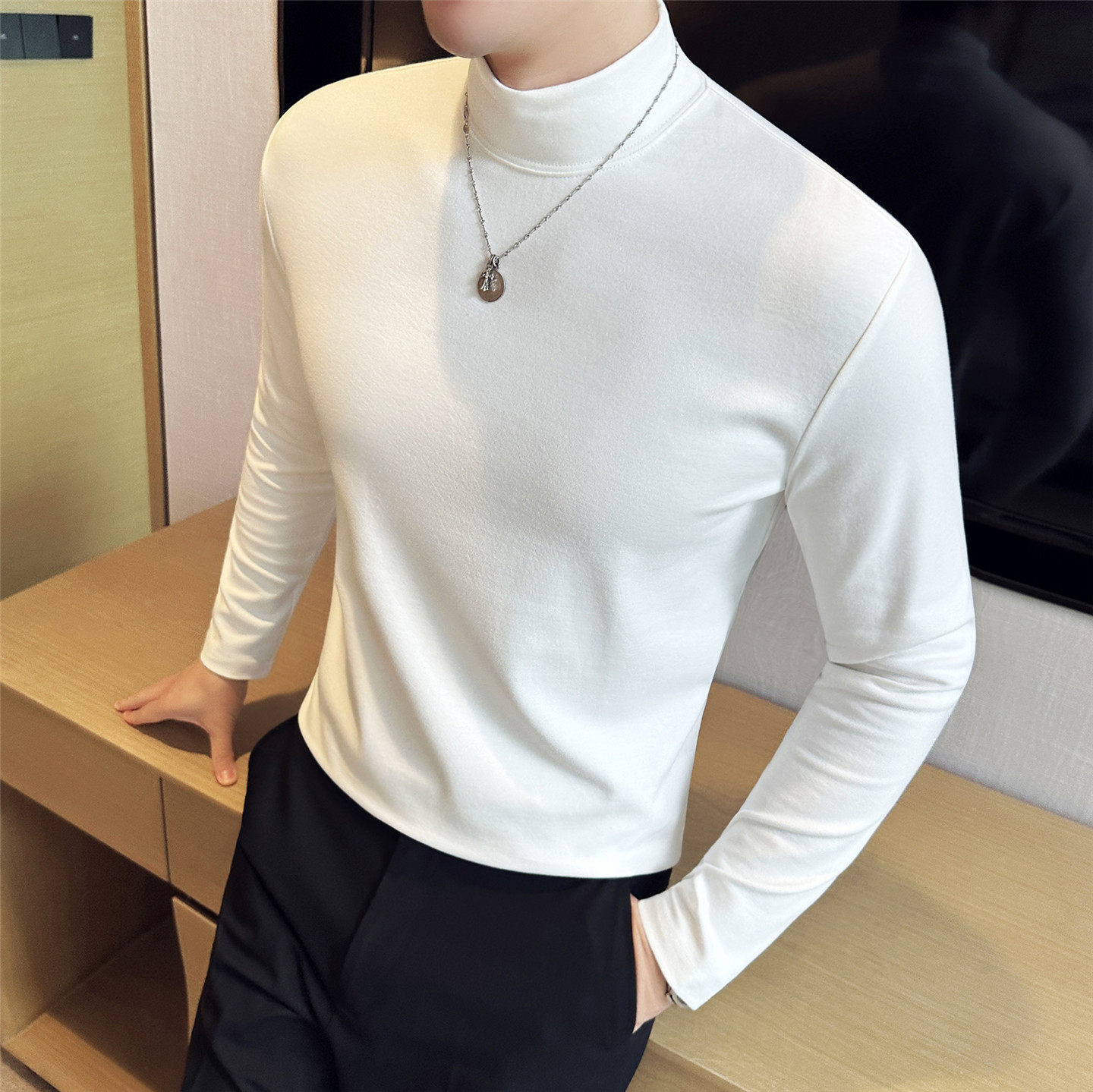 秋冬季半高领打底衫加厚保暖纯白色棉长袖t恤男士西装内搭中领潮,男装,T恤,淘宝优惠券,粉丝福利购,淘宝优惠卷