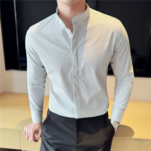 春秋新中式立领条纹衬衫男韩版时尚长袖棉质弹力修身休闲轻奢衬衣
