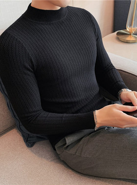 秋冬纯色修身针织衫英伦男装休闲半高领打底毛衣黑色小高领打底衫
