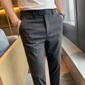 条纹西裤 弹力竖纹九分西装 男小脚休闲长裤 春秋时尚 韩版 修身 裤 潮流