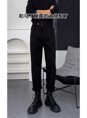 搭配马丁靴的毛呢裤子男秋冬潮牌痞帅垂感黑色西裤宽松直筒休闲裤