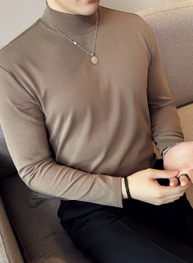 秋冬高级感纯色棉半高领打底衫男中领贴身内搭长袖白色T恤上衣潮