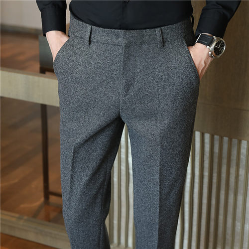 秋冬厚款西裤男修身加厚商务正装休闲裤潮免烫毛呢西装裤子男直筒