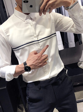 高级感长袖白色衬衫男青年修身韩版条纹休闲衬衣潮流型男中袖寸衣
