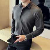 秋冬华夫格无痕拉链衬衫 男商务长袖 条纹高端立领深灰色人夫感衬衣