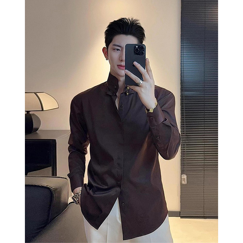 设计感盘扣立领长袖衬衫男高级感痞帅新中式男装韩版气质修身衬衣