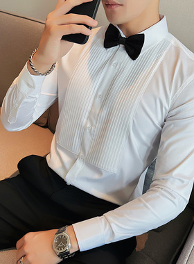新郎结婚长袖衬衣机翼领褶皱白色礼服衬衫婚礼宴会演出伴郎寸衫男