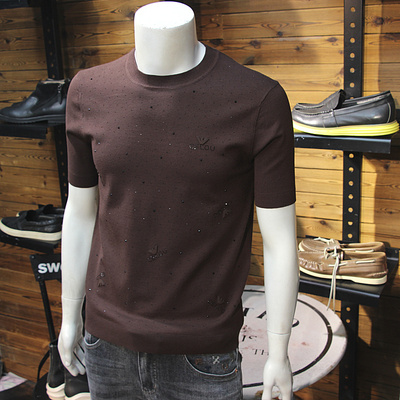 秋冬男全身烫钻针织短袖修身圆领天丝毛衣半袖简欧时尚毛线T恤衫