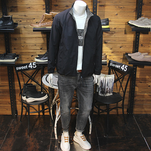 帅气青年长袖 外套拼接格子内里 立领夹克简约时尚 双面穿春秋男士