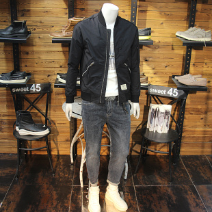 螺纹立领男夹克修身 休闲简单百搭拉链口袋帅气青年春秋棒球领外套