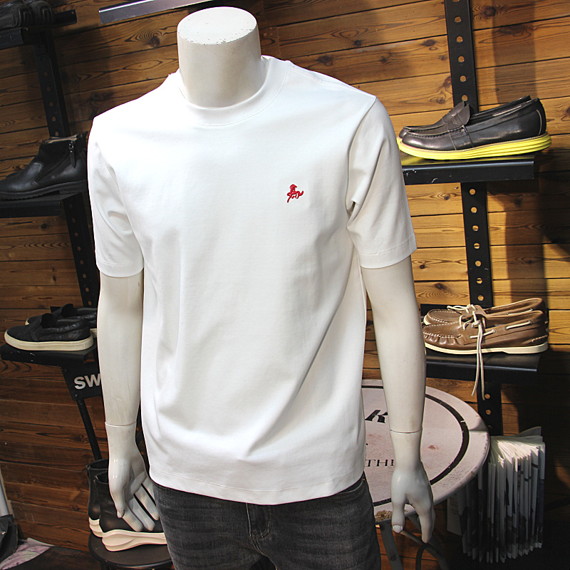 马图标刺绣秋冬男加厚短袖简约圆领时尚青年帅气修身厚料T恤半袖