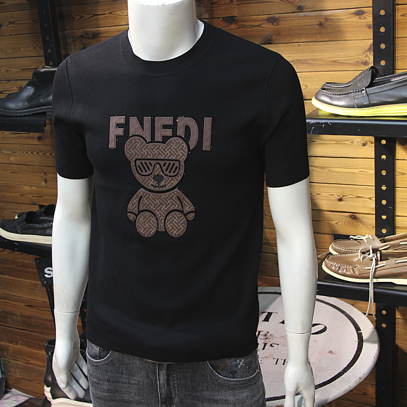 立体小熊工艺秋冬男针织短袖简欧时尚青年修身圆领毛衣半袖毛线T