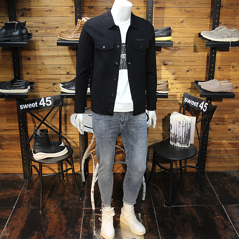 立体钢印字母男针织翻领夹克简欧时尚修身青年帅气毛衣开衫外套