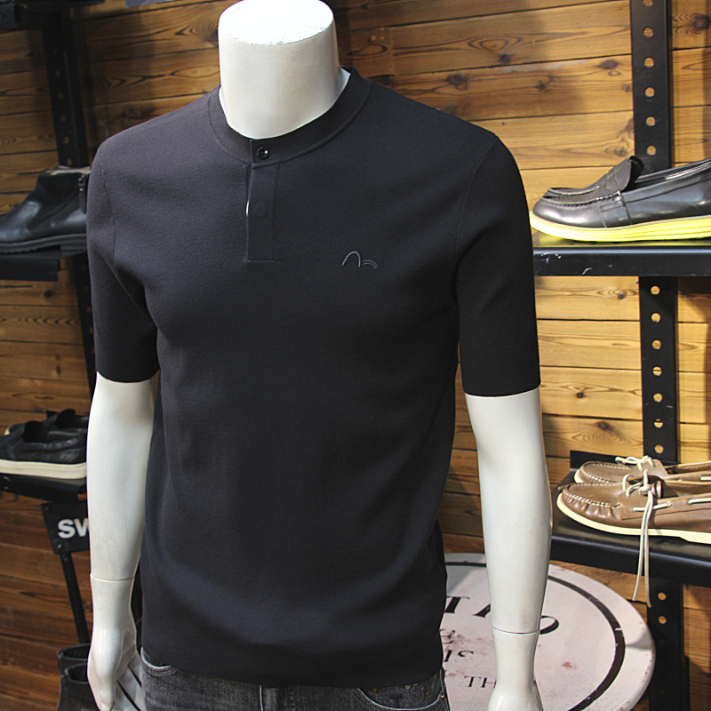 亨利小立领秋冬男针织短袖简约两粒扣男士毛衣半袖T恤毛线t打底衫