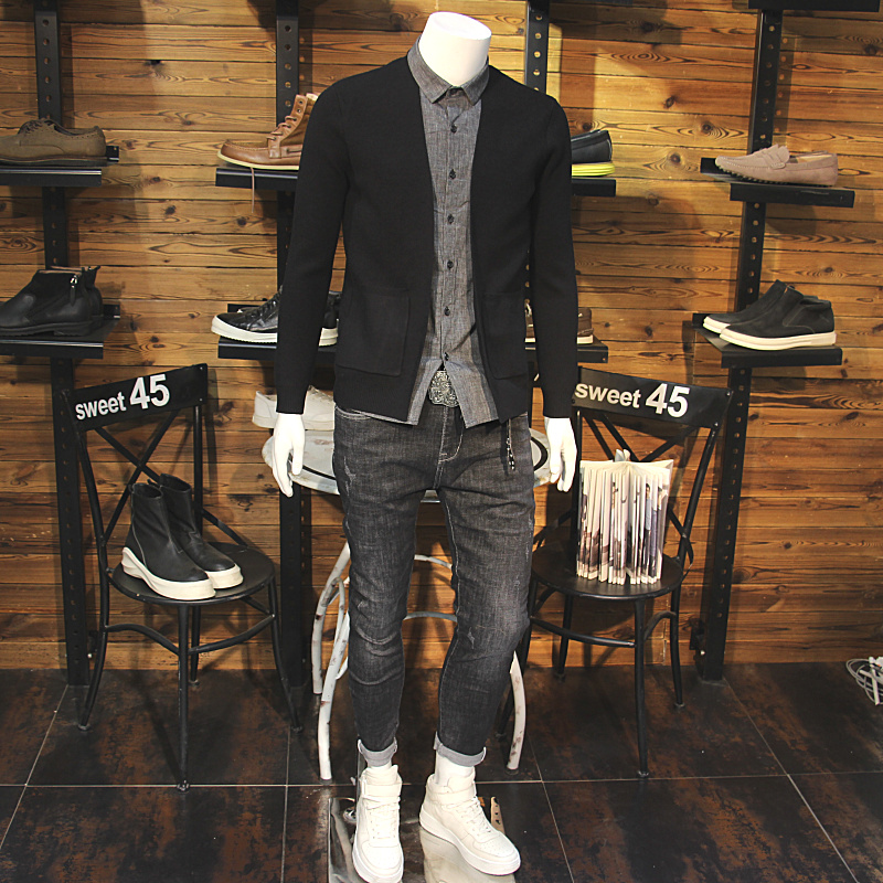 秋季新款针织开衫男外套潮牌百搭上衣男修身休闲毛衣男假两件开衫