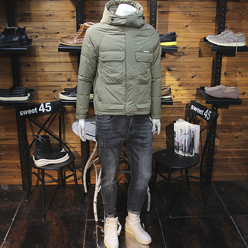 冬装男连帽羽绒服简约工装口袋青年修身休闲保暖羽绒夹克羽绒外套
