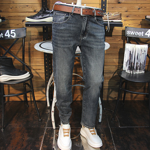 烟灰色做旧洗水男小直筒牛仔裤简单款弹力修身百搭高端男士牛仔裤