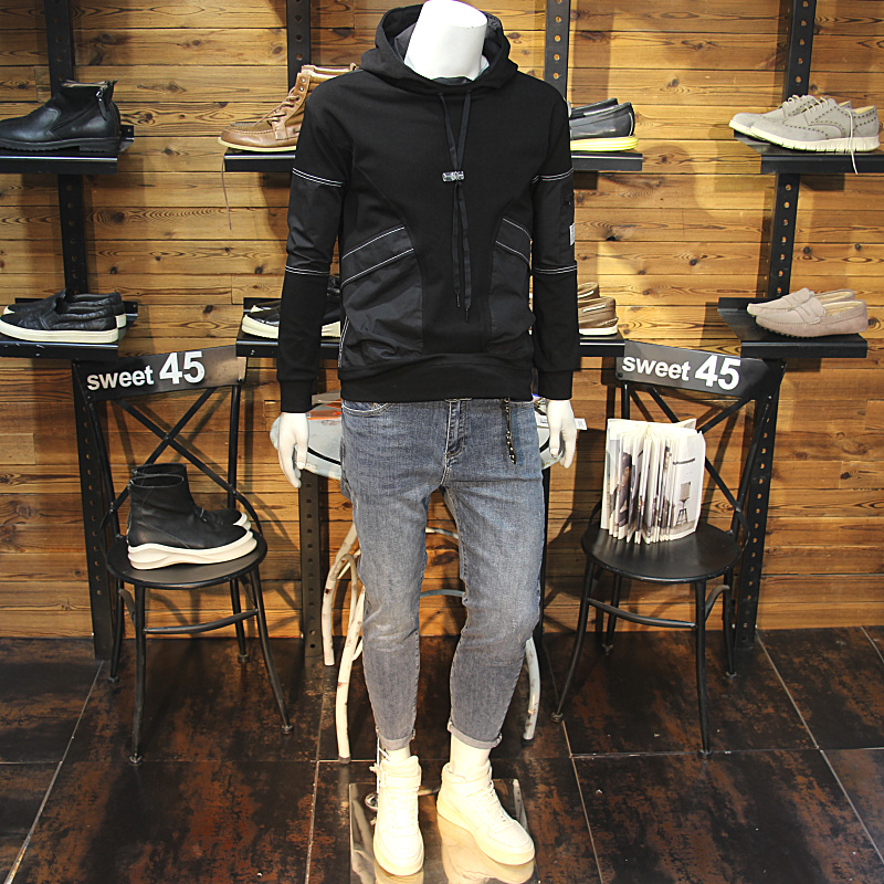 立体口袋男连帽卫衣修身休闲拼接色套头帽衫青年卫衣潮流男卫衣