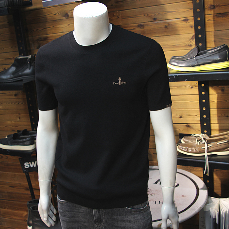 秋装男针织短袖刺绣小标修身圆领青年天丝毛衣半袖简欧毛线T恤