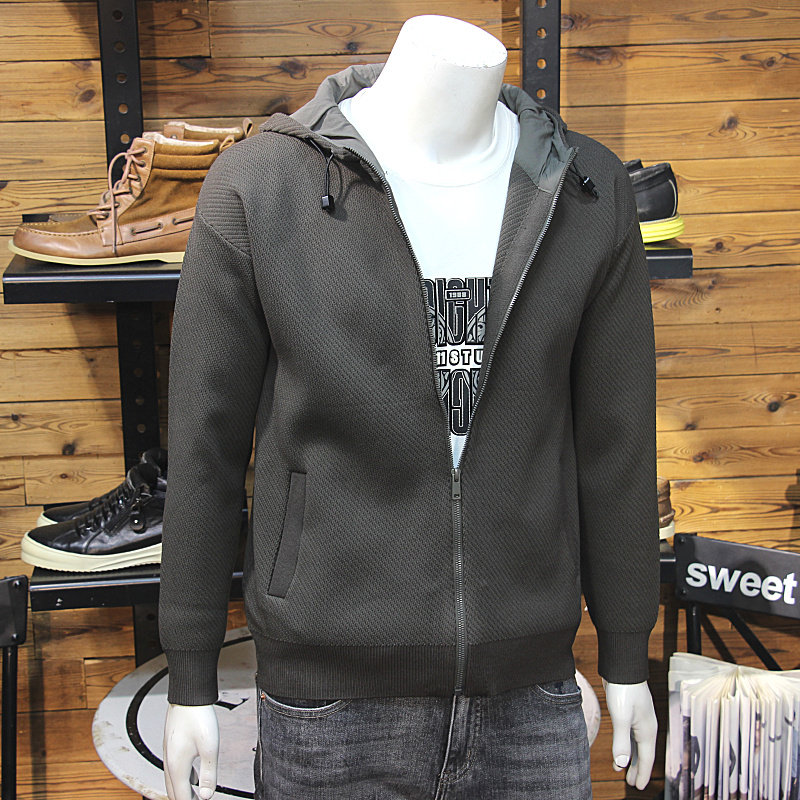 秋装男士针织连帽外套纯色净版修身休闲青年百搭带帽毛衣夹克上衣