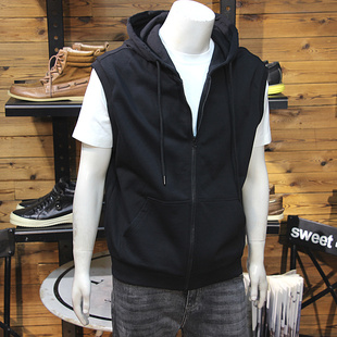 做旧破洞秋季男士连帽针织马甲时尚潮款青年简约净版纯色带帽马甲
