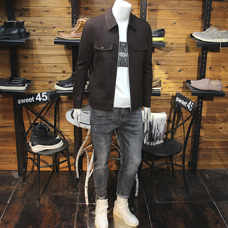 秋冬男羊毛呢翻领夹克简约时尚简欧修身青年帅气外套