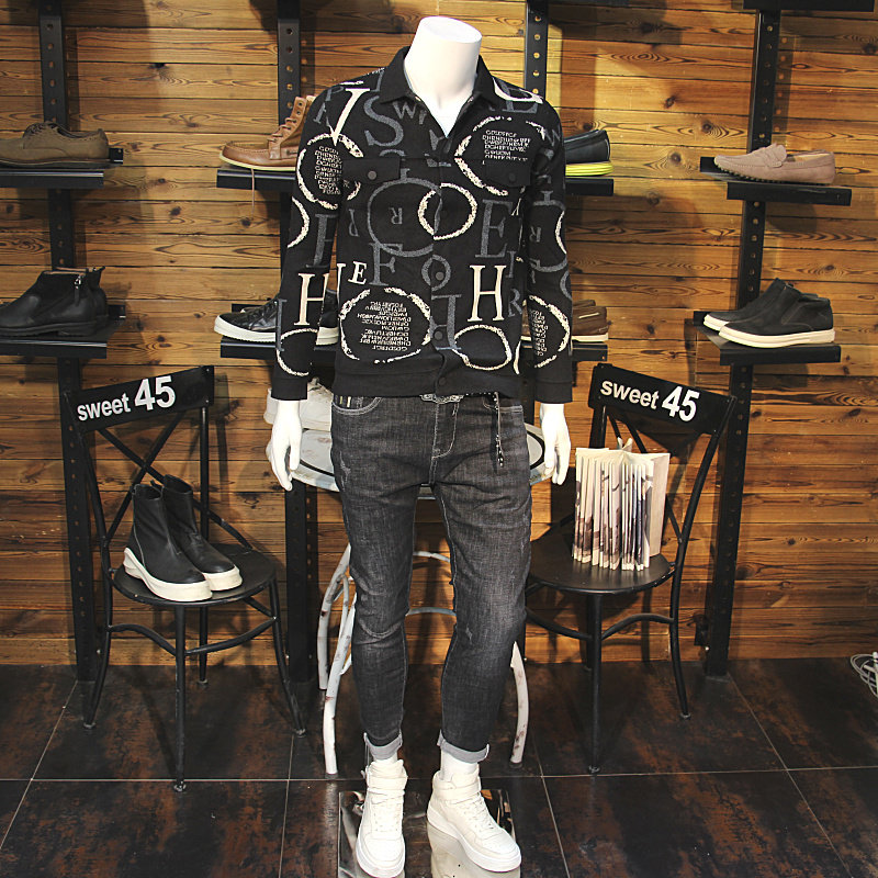 新款秋装男翻领毛衣夹克外套韩版修身青年字母提花时尚针织外套