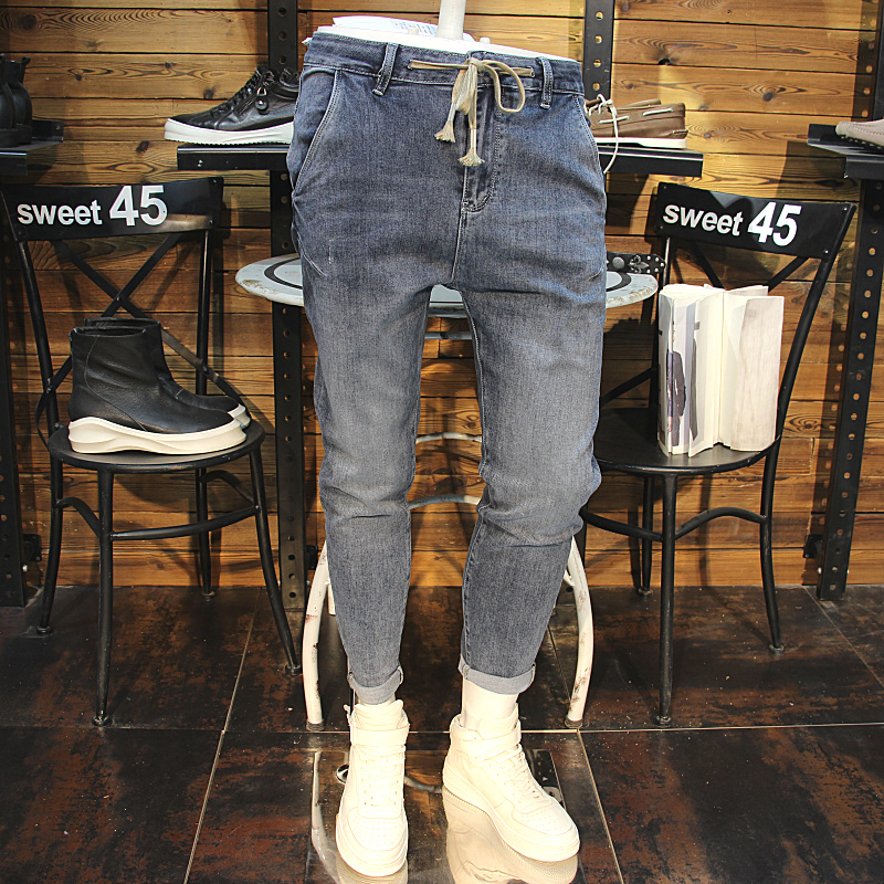 松紧腰抽绳牛仔裤男2021新款修身小脚水洗做旧牛仔裤简单百搭男裤